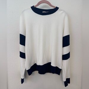 Faherty Cream and Black Striped Crew Neck Sweater